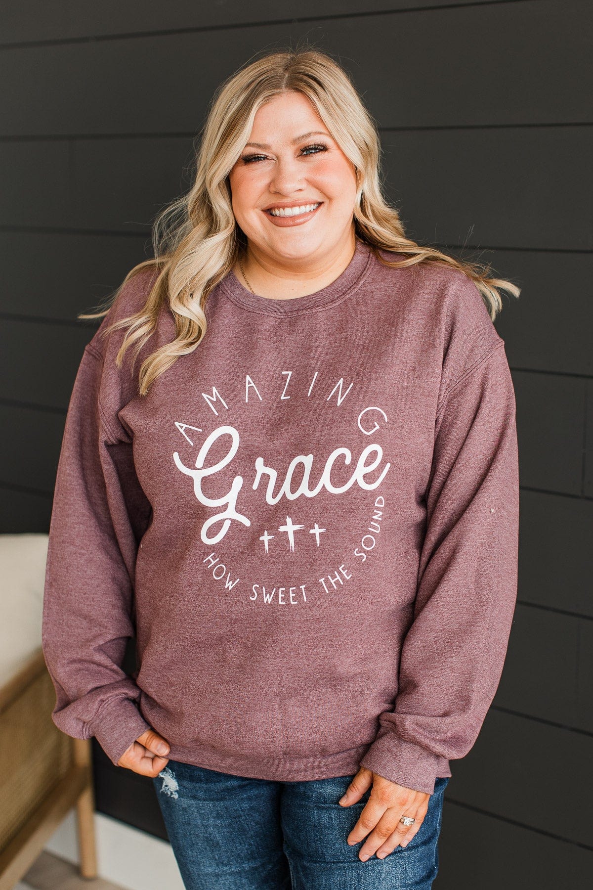 "Amazing Grace" Crew Neck Pullover- Plum