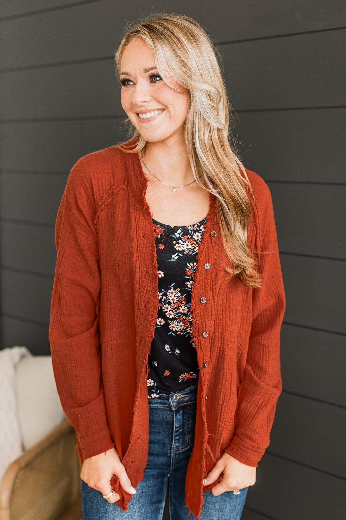 All Around Amazed Button Top- Burnt Orange