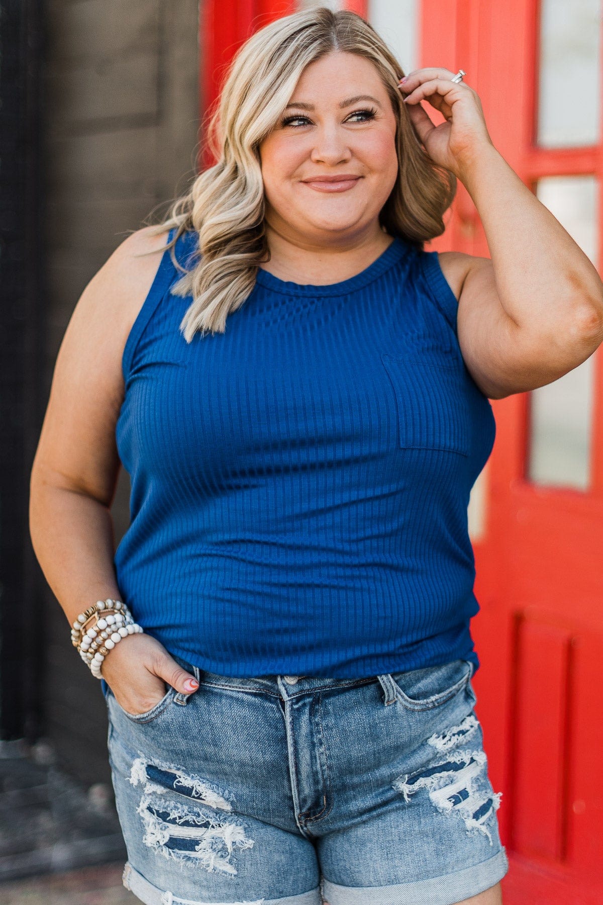 Just Peachy Ribbed Knit Tank Top- Royal Blue