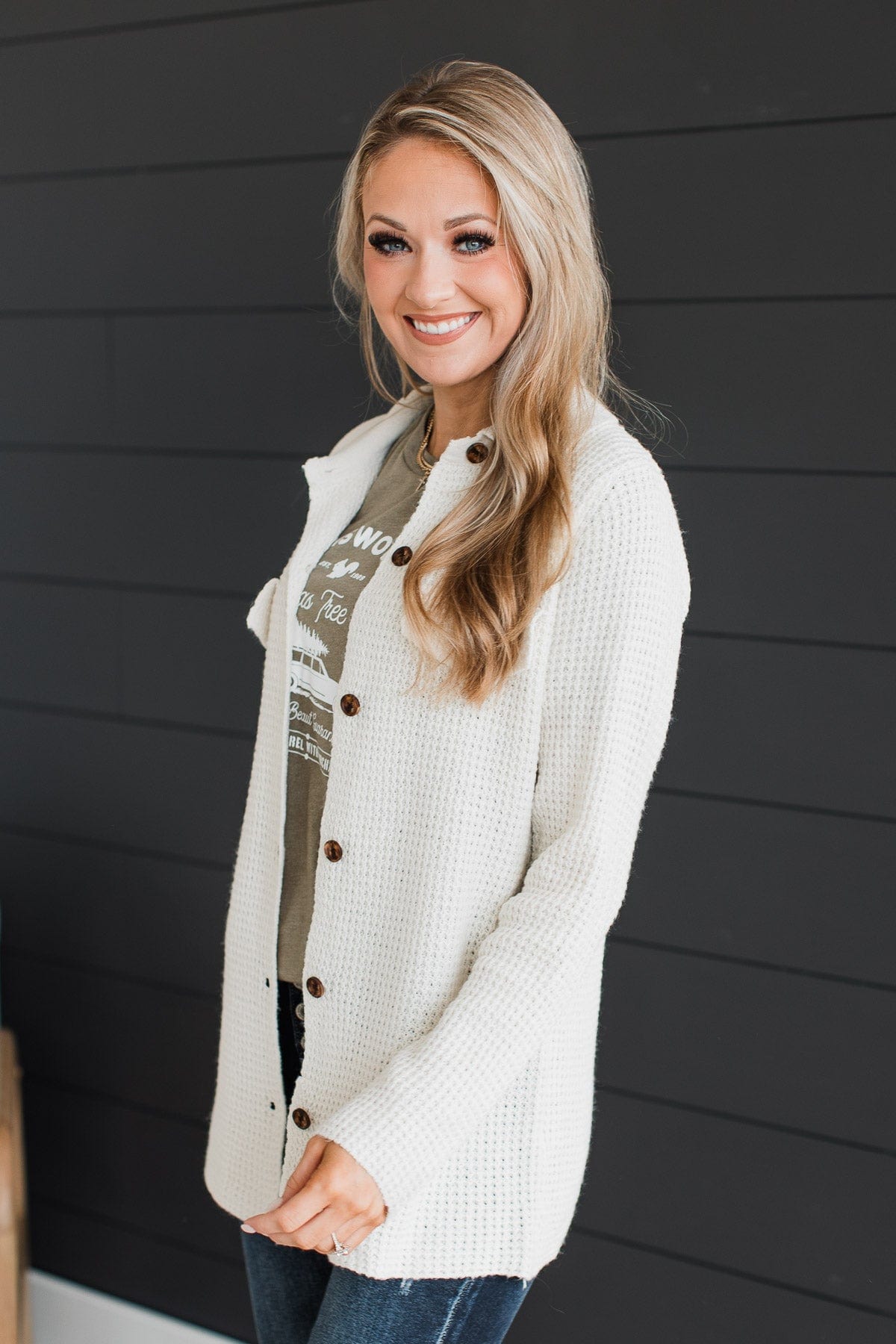 Don't Be Fooled Waffle Knit Button Top- Ivory