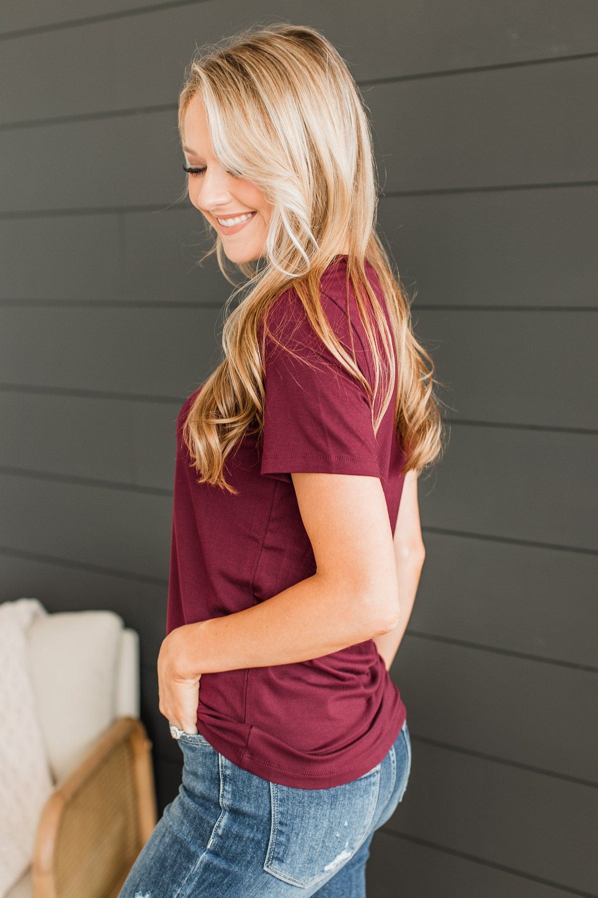 Hello Lovely V-Neck Top- Burgundy