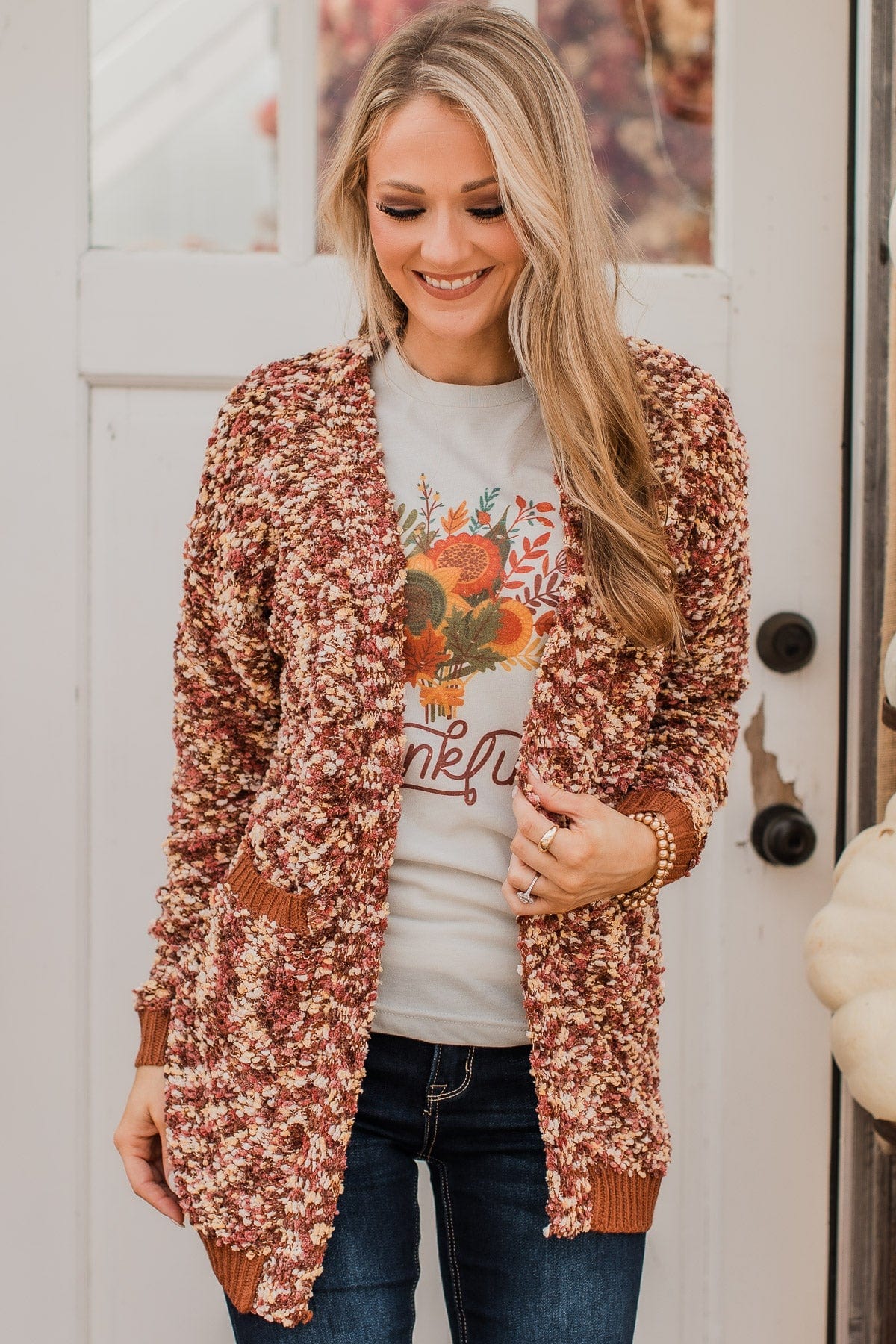 Love Remains Popcorn Knit Cardigan Rust