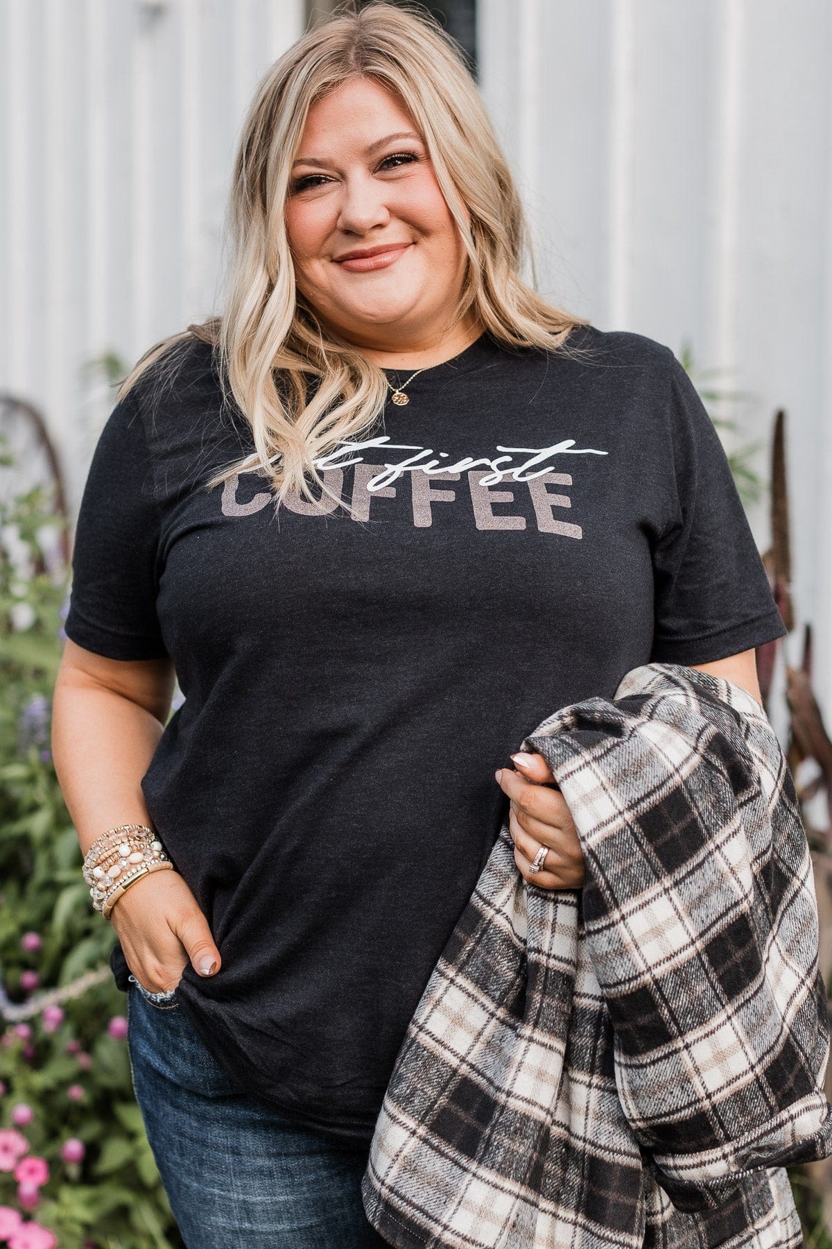 "But First Coffee" Graphic Tee- Black