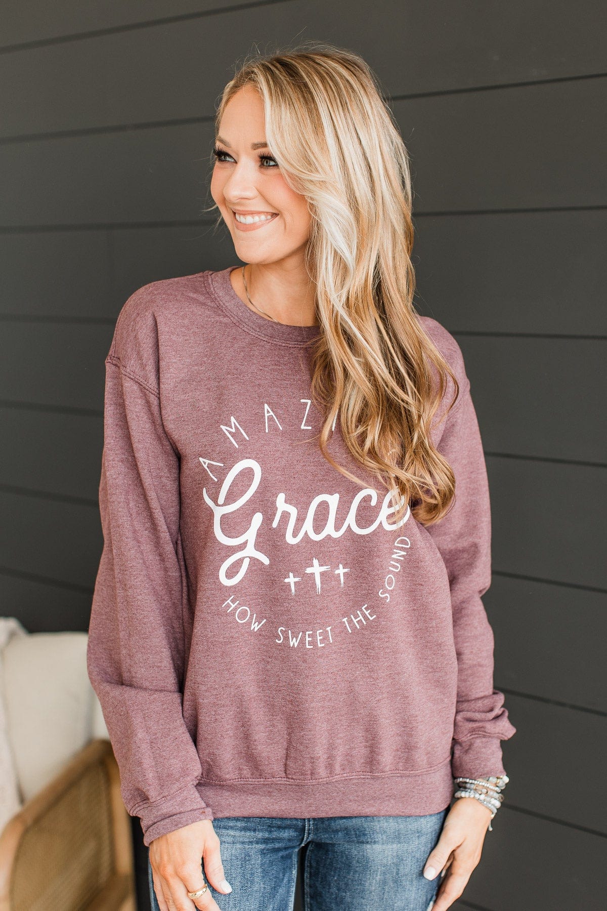 "Amazing Grace" Crew Neck Pullover- Plum