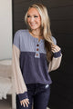 Hard To Resist Ribbed Color Block Top- Denim Blue