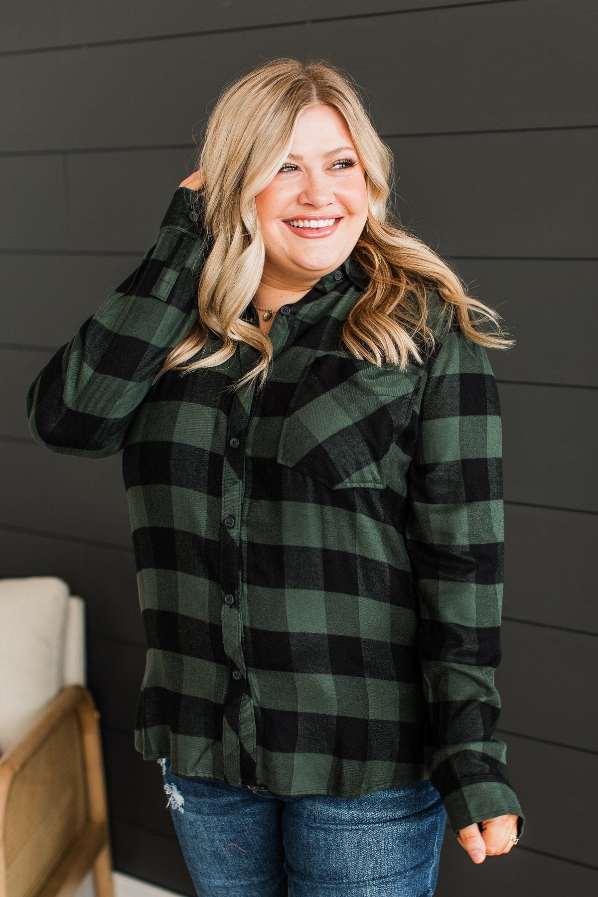 As You Were Plaid Button Top- Hunter Green