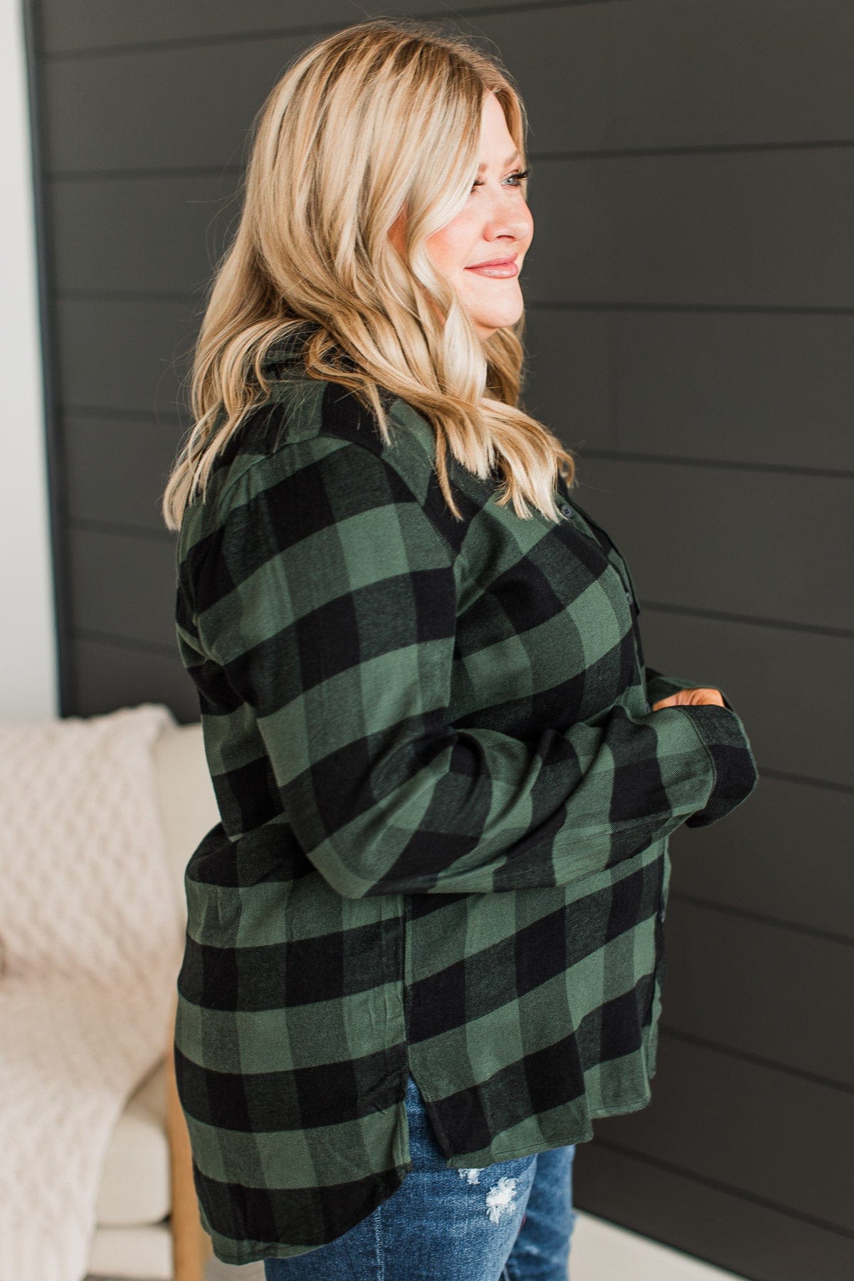 As You Were Plaid Button Top- Hunter Green