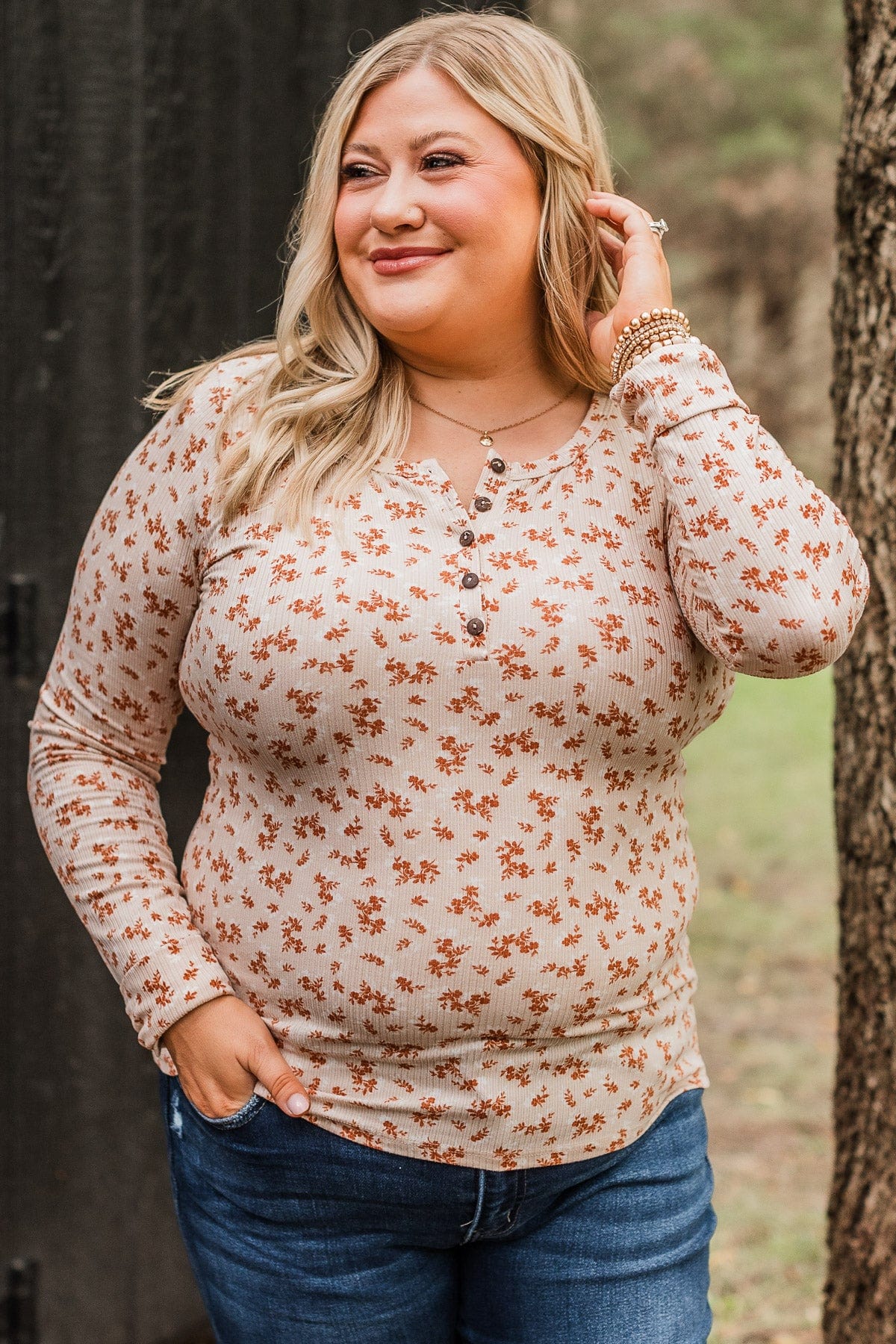Piercing Beauty Floral Henley Top- Cream