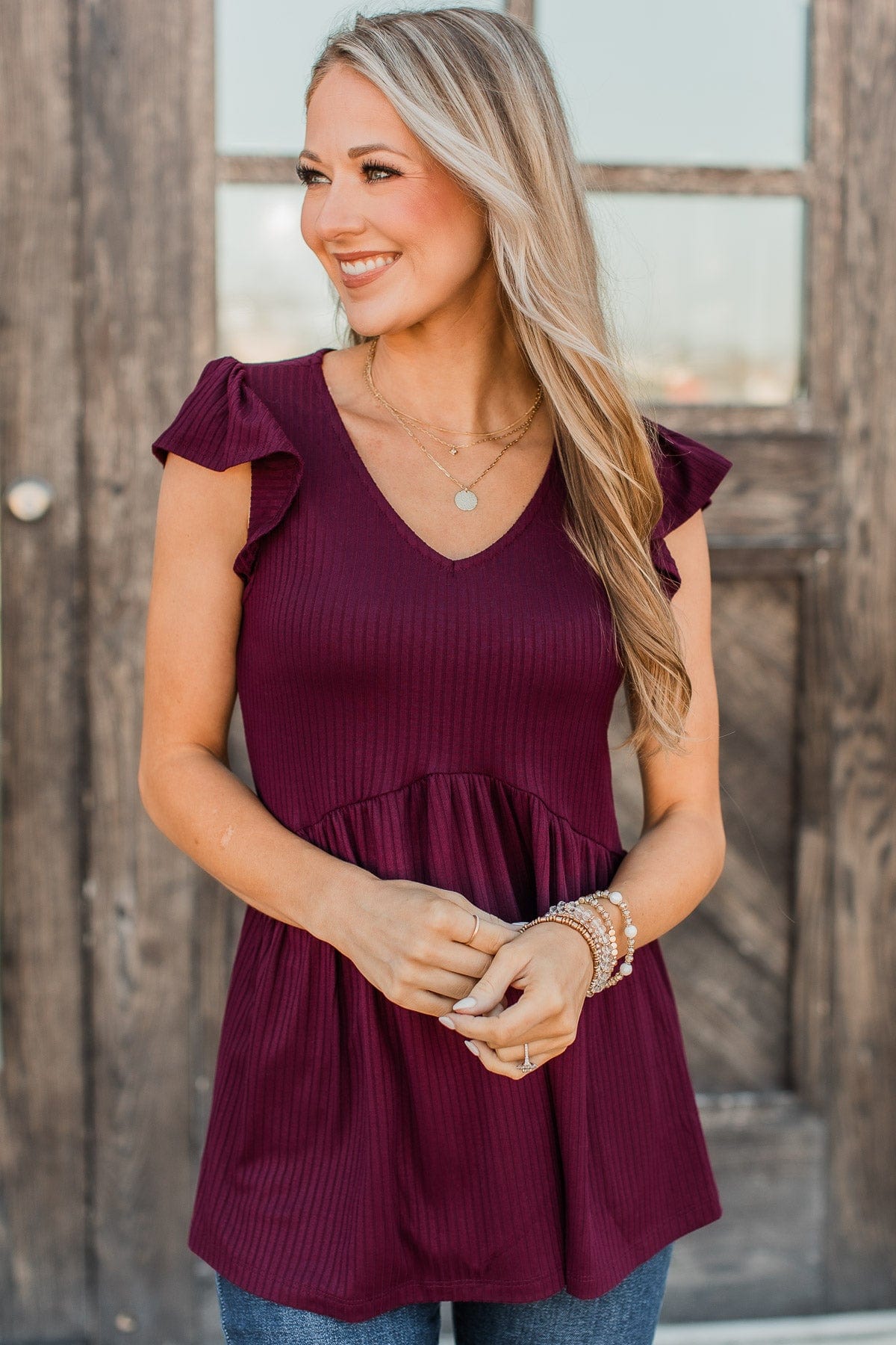 Make My Heart Flutter Babydoll Top- Wine