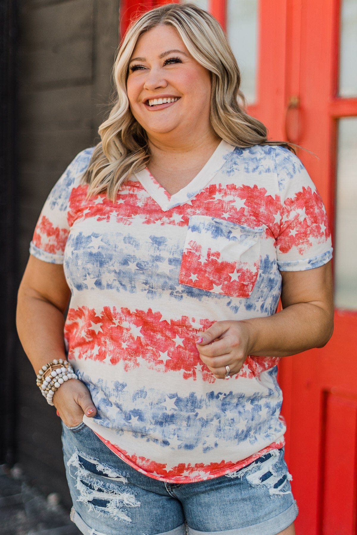 Follow The Stars V-Neck Top- Red, White, & Blue