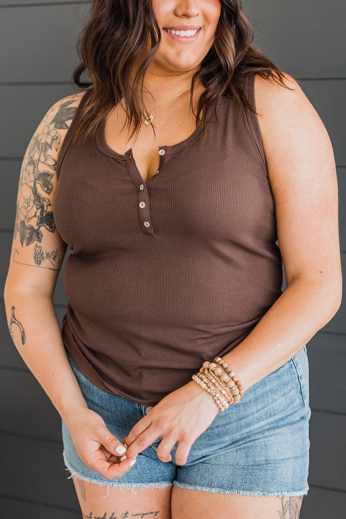 Bound To Be Beautiful Button Henley Tank Top- Brown