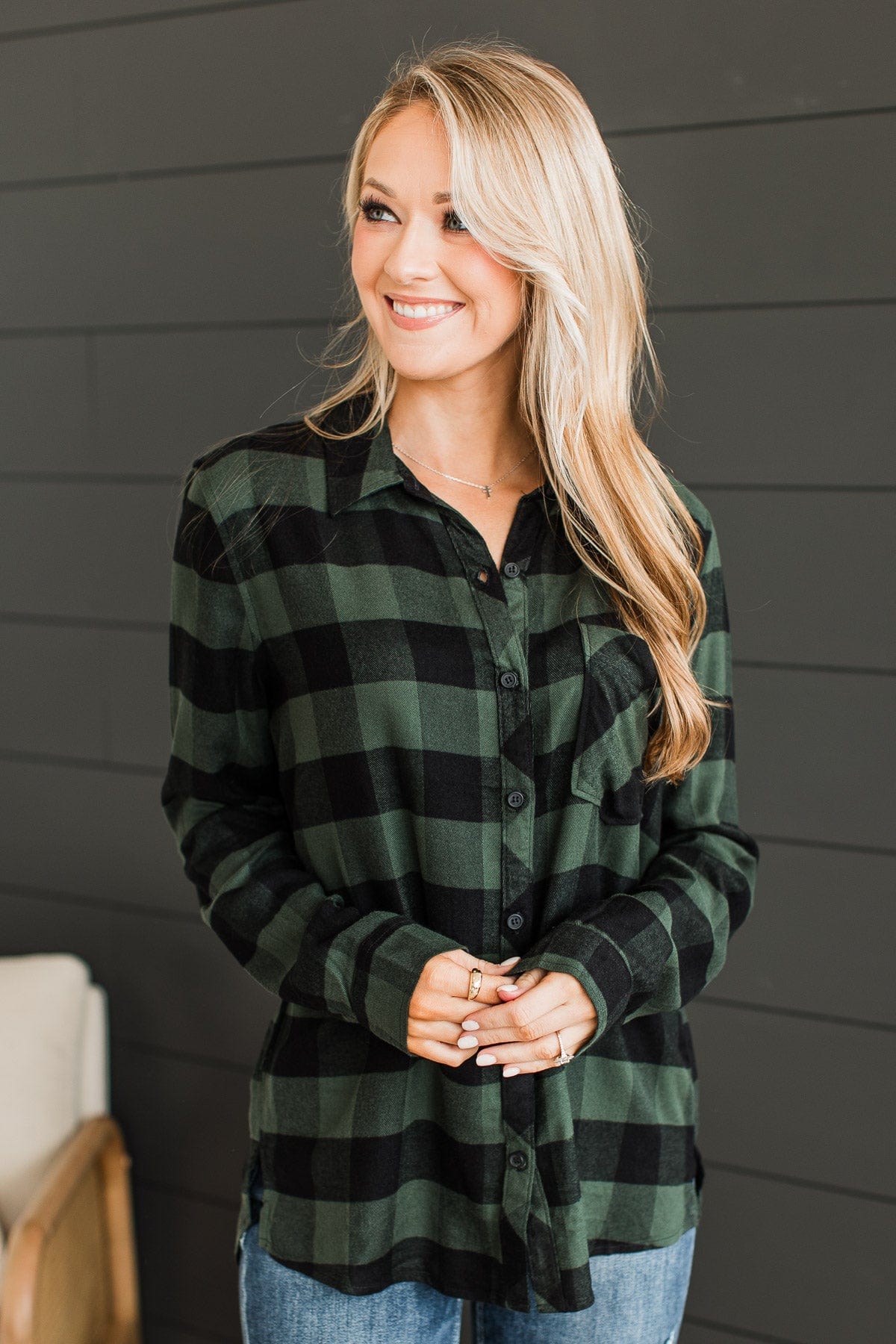 As You Were Plaid Button Top- Hunter Green