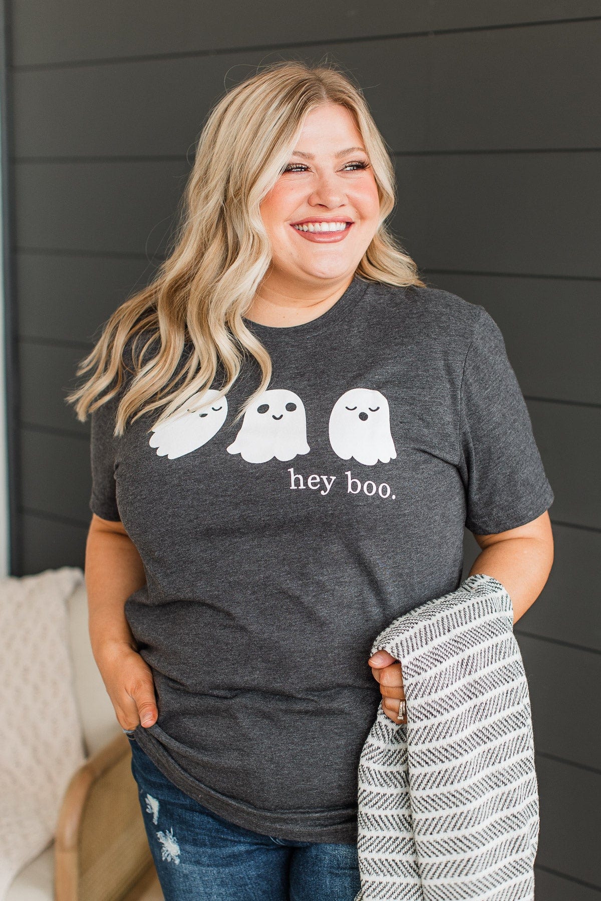 "Hey Boo" Graphic Tee- Charcoal
