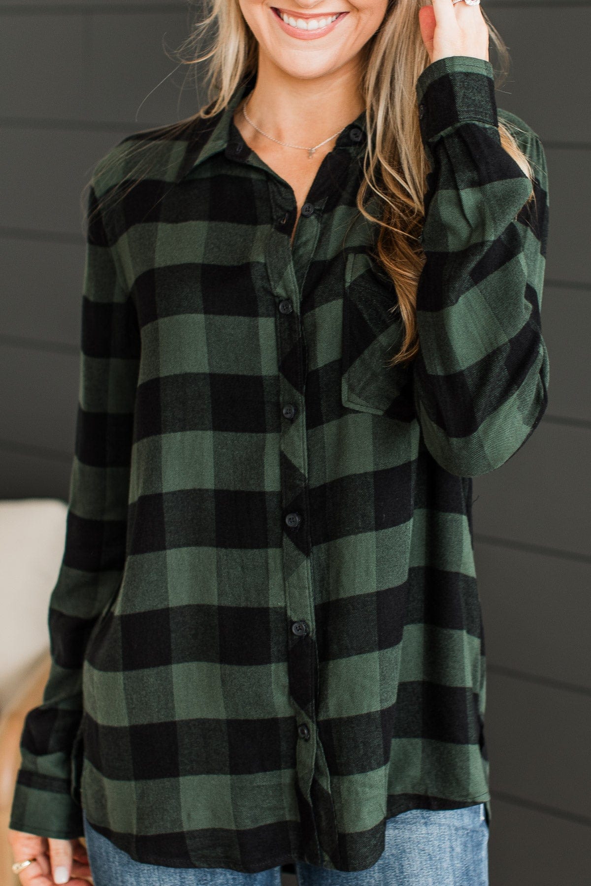 As You Were Plaid Button Top- Hunter Green
