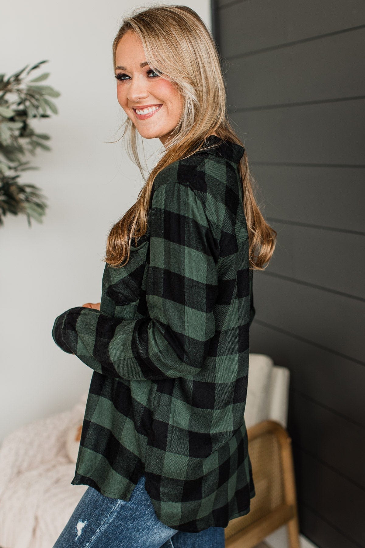 As You Were Plaid Button Top- Hunter Green