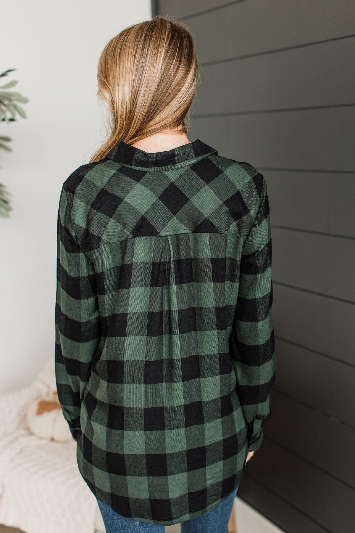 As You Were Plaid Button Top- Hunter Green
