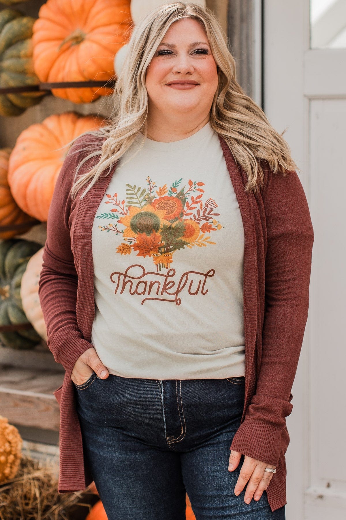"Thankful" Floral Graphic Tee- Light Taupe