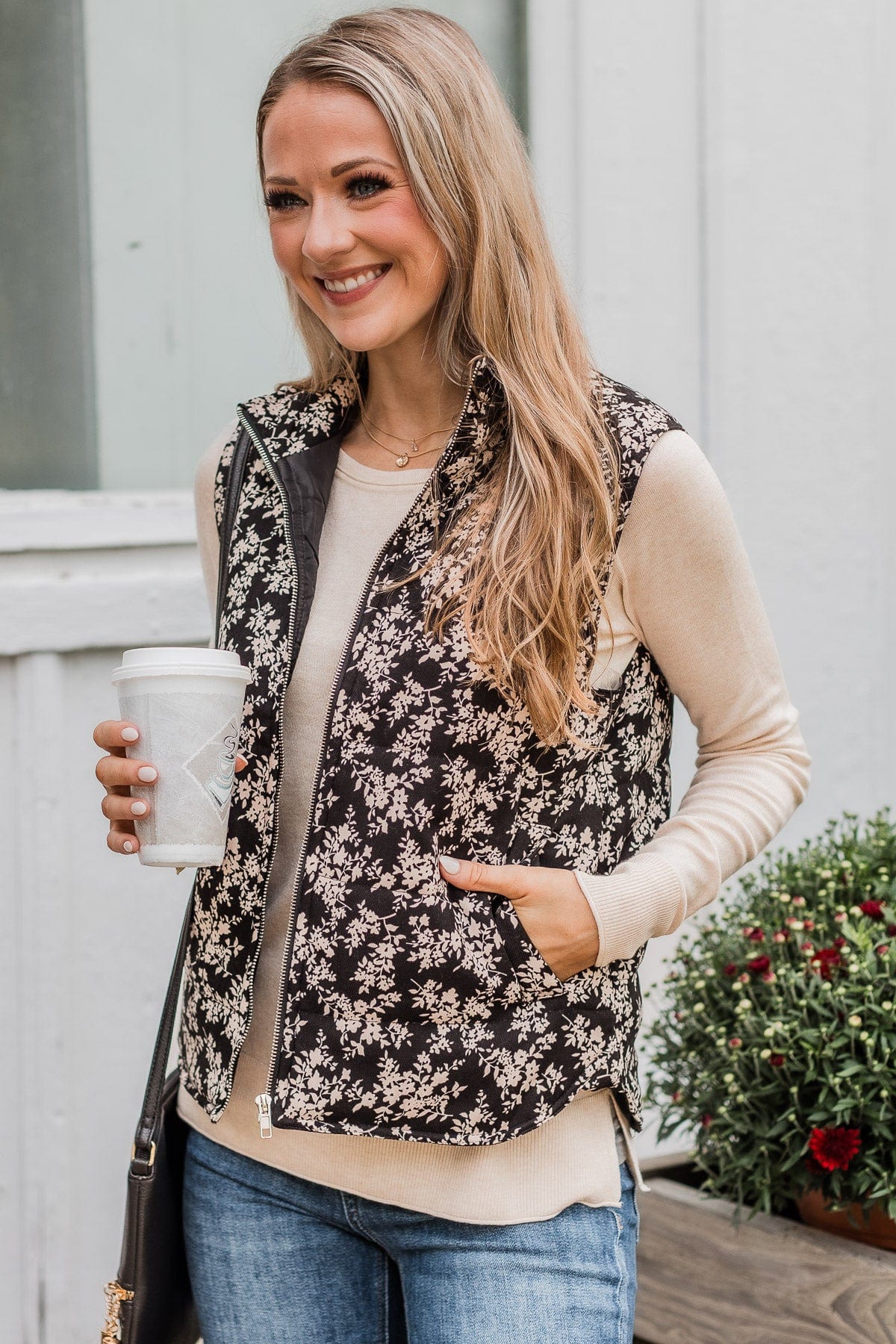 Just Perfect Floral Puffer Vest- Black