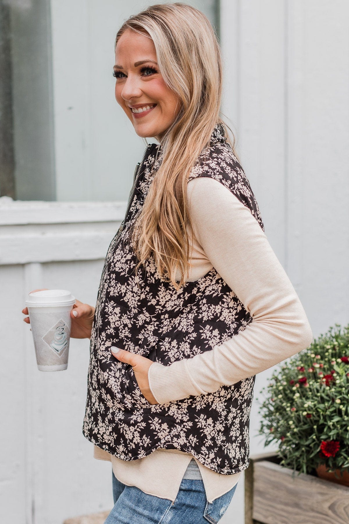Just Perfect Floral Puffer Vest- Black