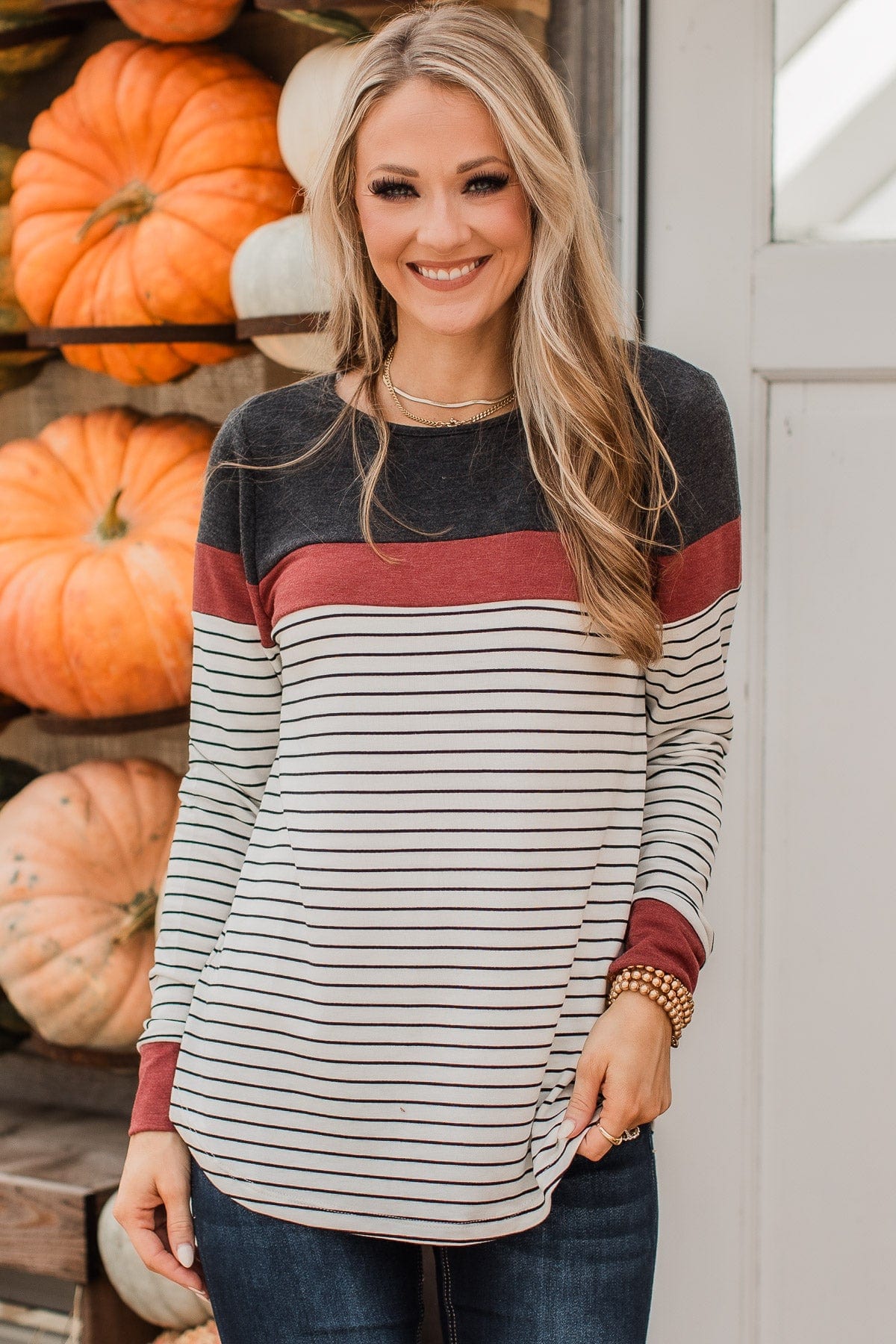 Sweet In Stripes Color Block Top- Ivory & Brick