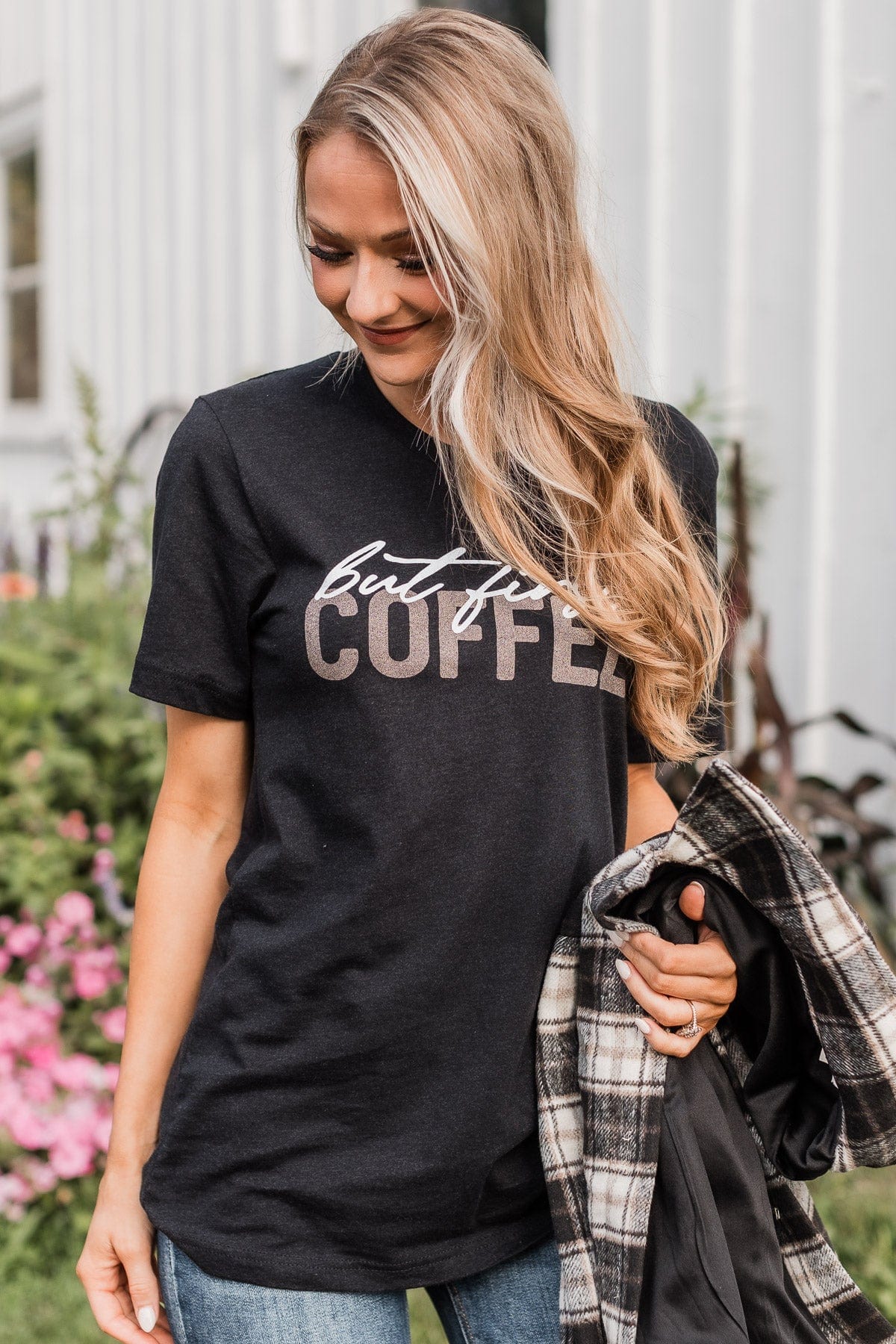 "But First Coffee" Graphic Tee- Black