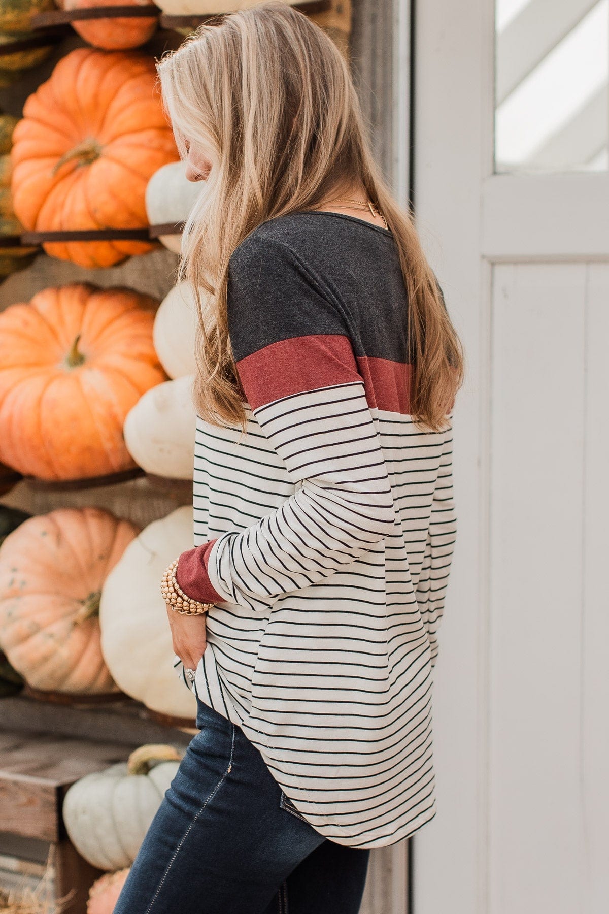 Sweet In Stripes Color Block Top- Ivory & Brick