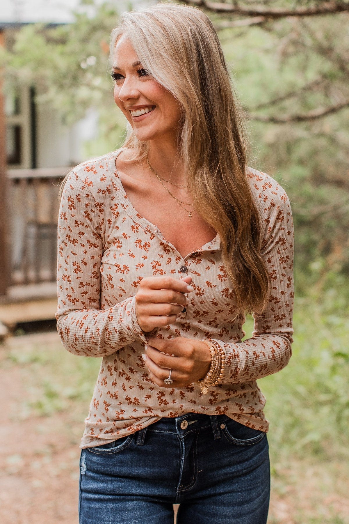 Piercing Beauty Floral Henley Top- Cream