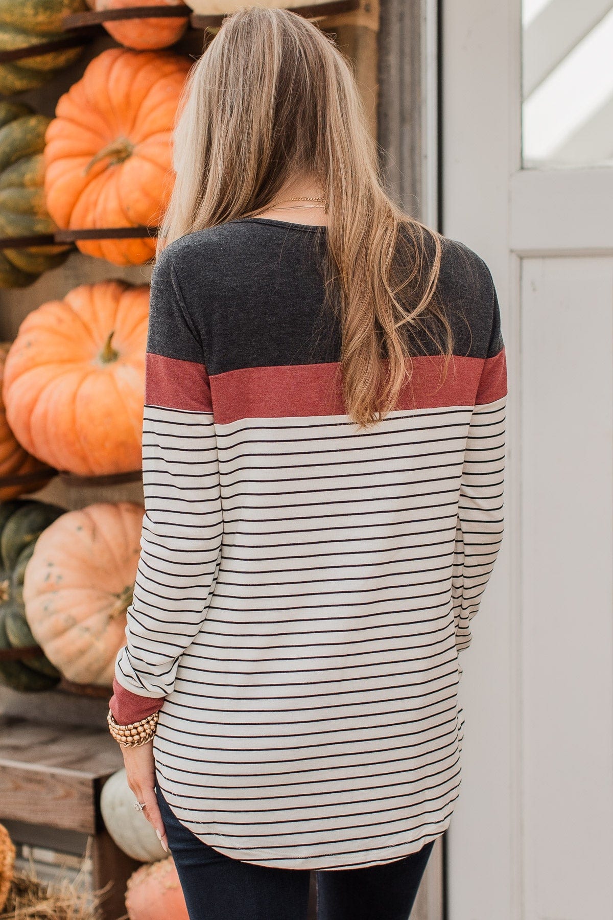 Sweet In Stripes Color Block Top- Ivory & Brick