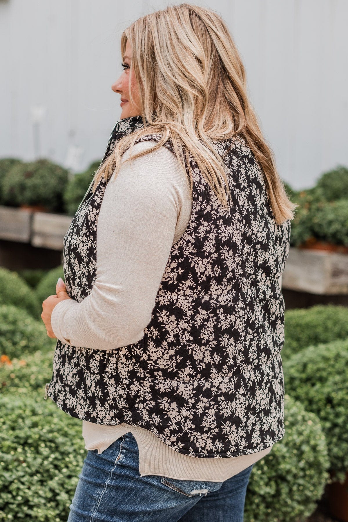 Just Perfect Floral Puffer Vest- Black