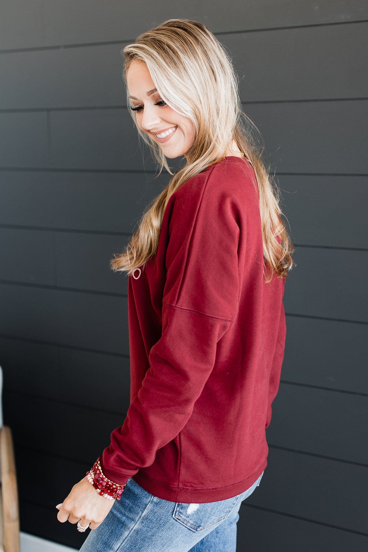 "Merry" Embroidered Crew Neck Pullover- Wine