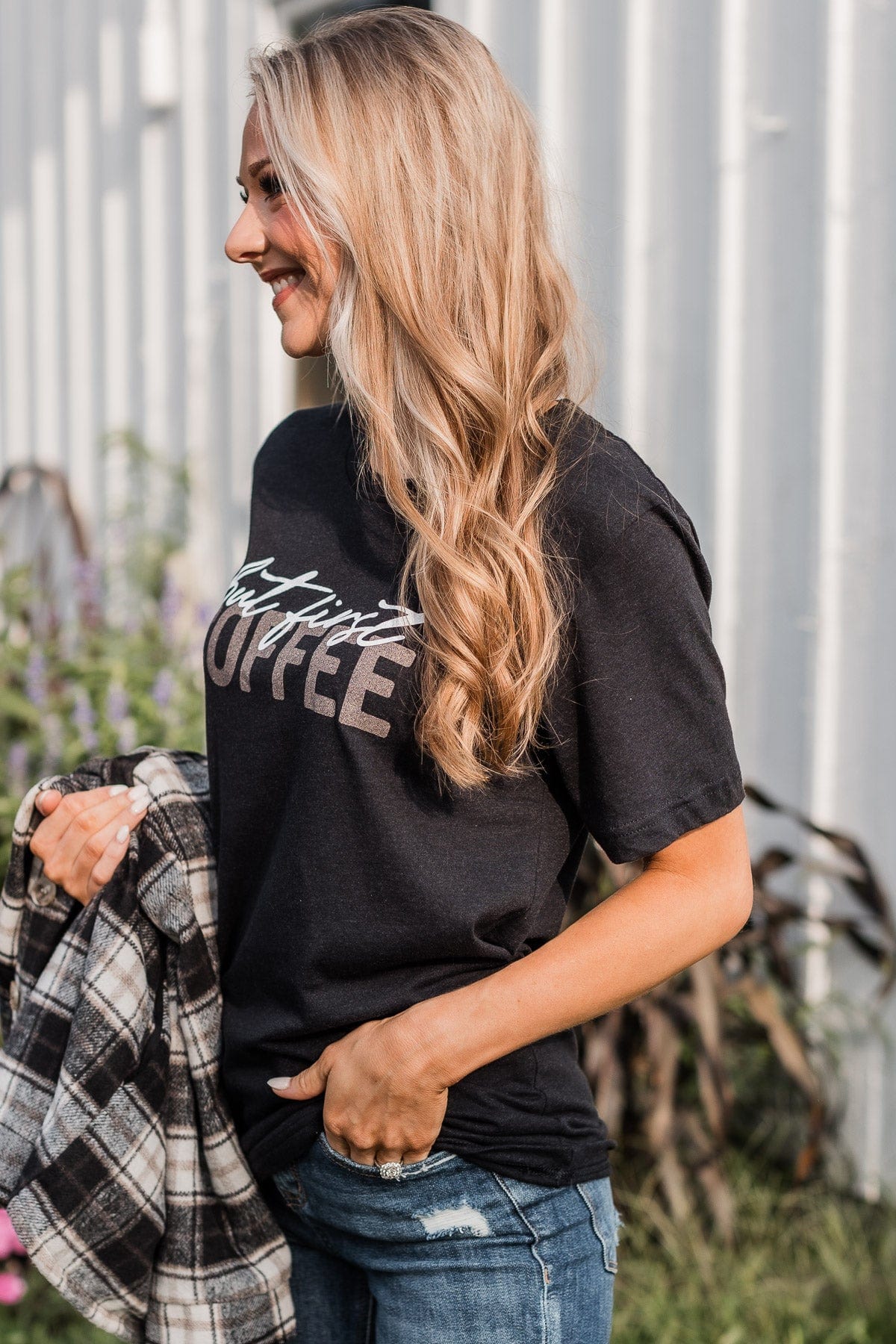 "But First Coffee" Graphic Tee- Black