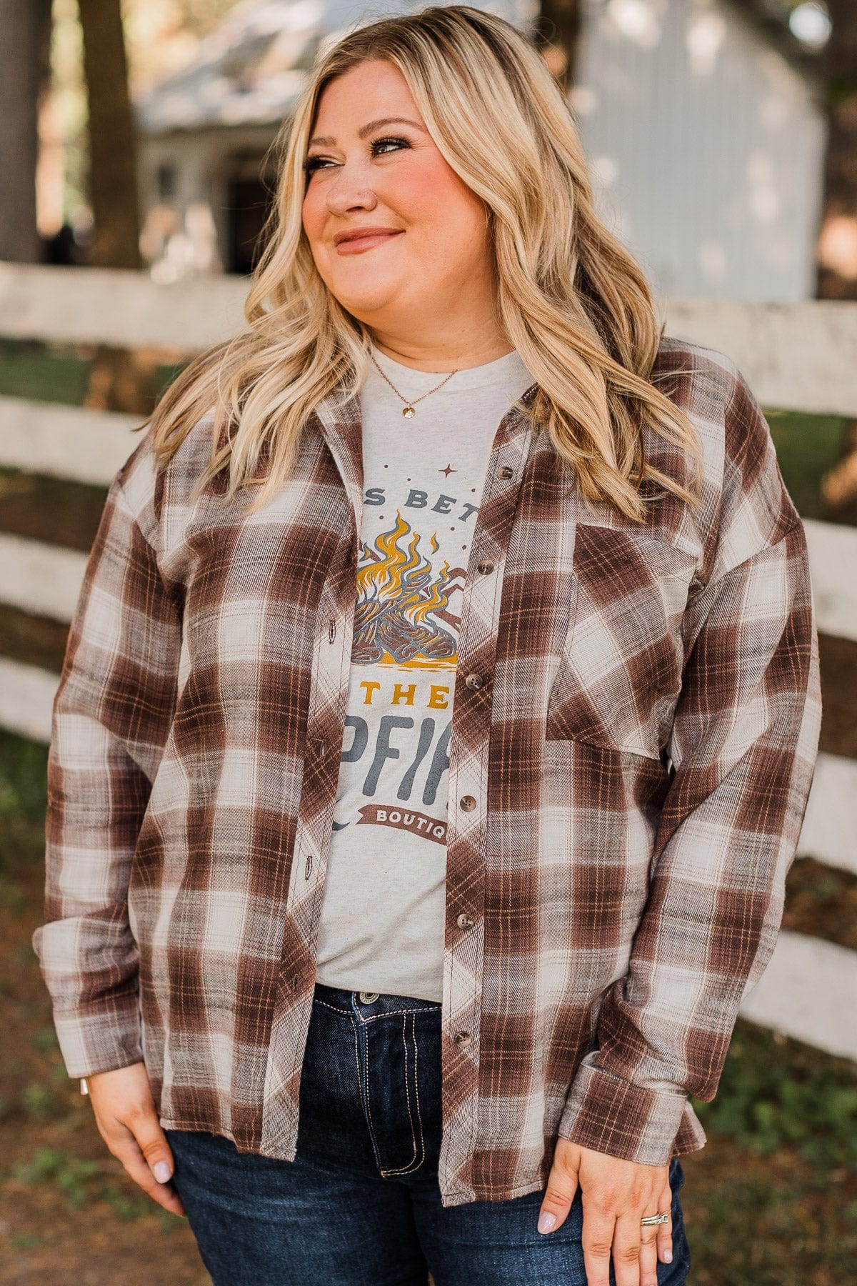 In Your Dreams Plaid Button Top- Chestnut