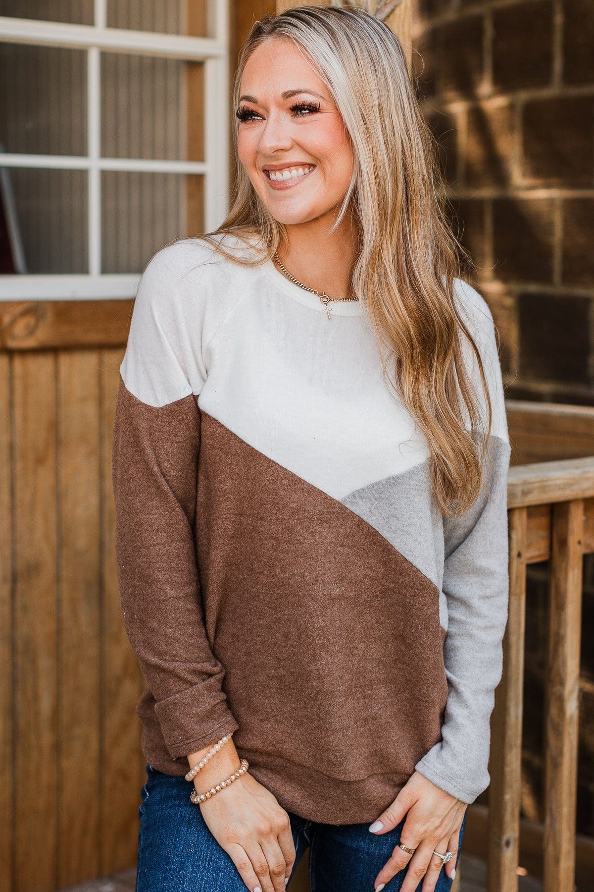 Wish For More Color Block Top- Ivory & Brown