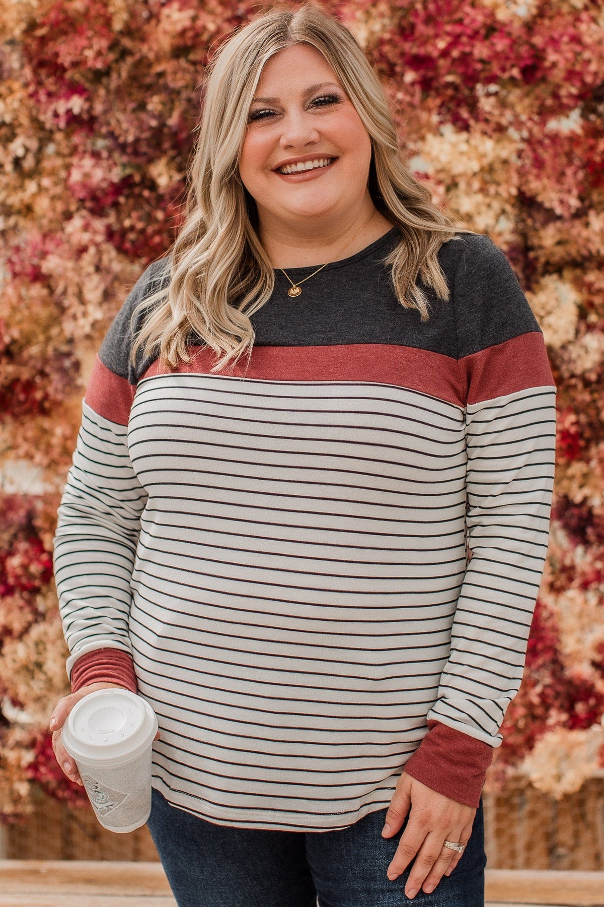 Sweet In Stripes Color Block Top- Ivory & Brick