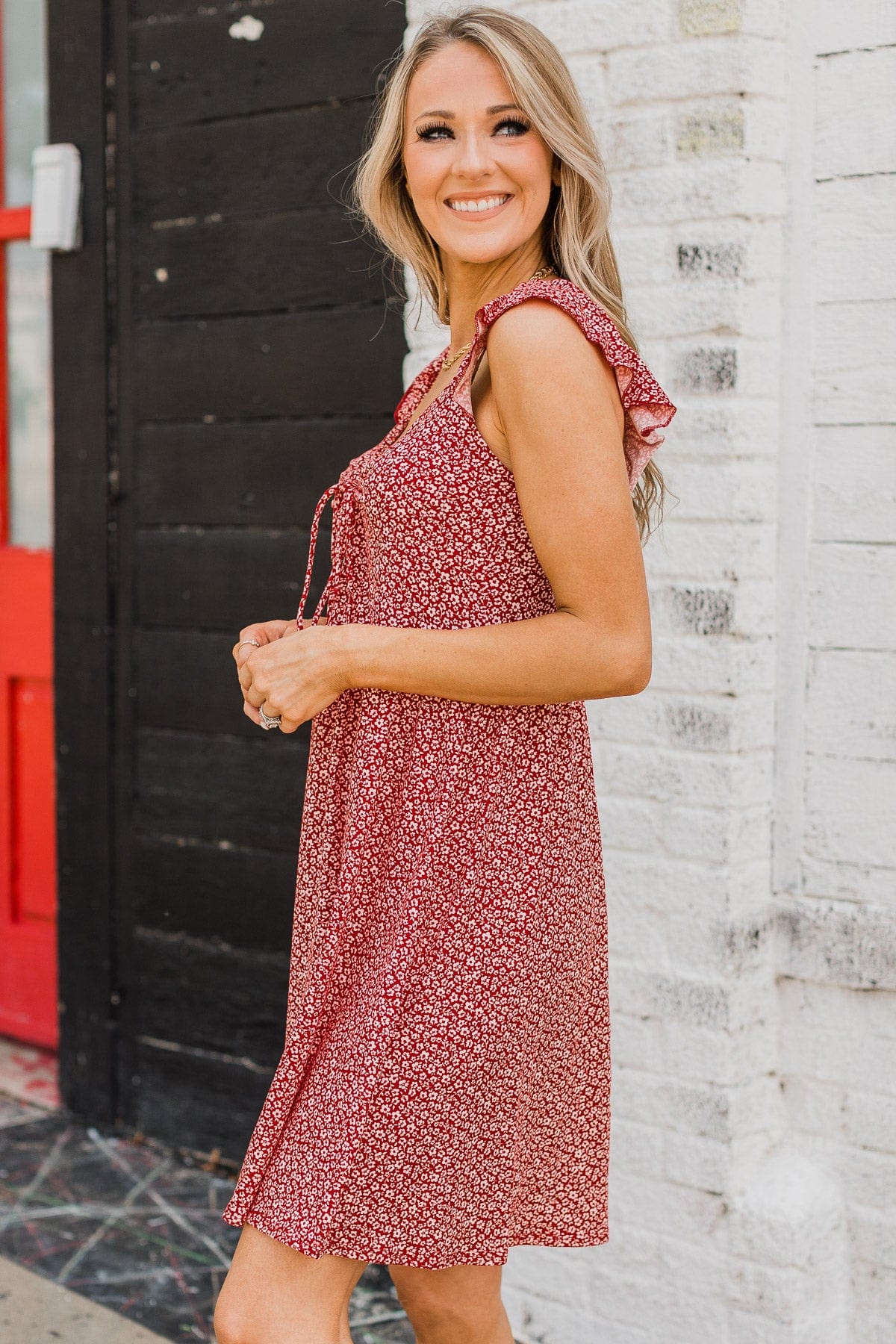 Cherishing You Floral Knit Dress- Red