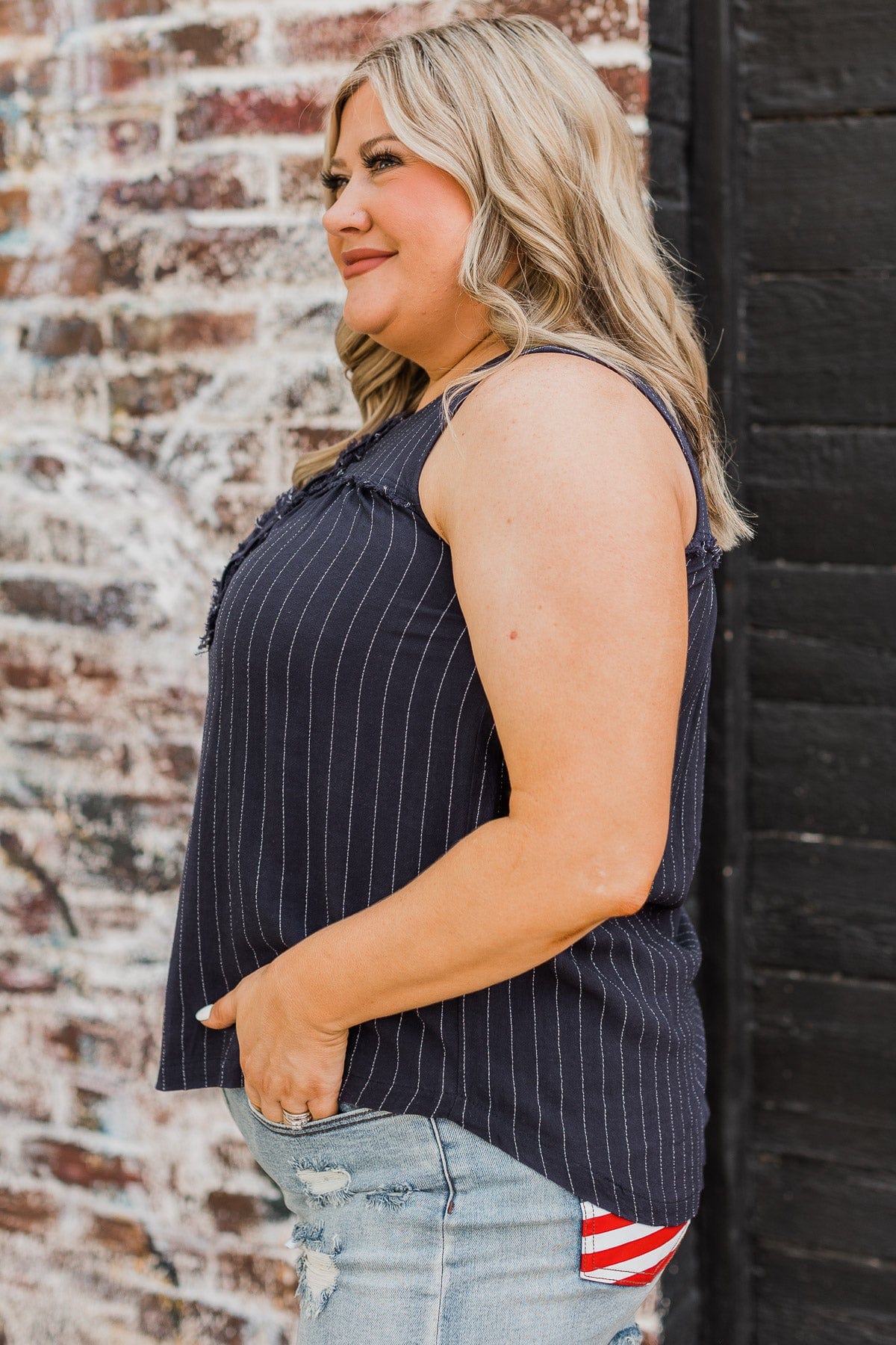 Wait For It Striped Tank Top- Navy
