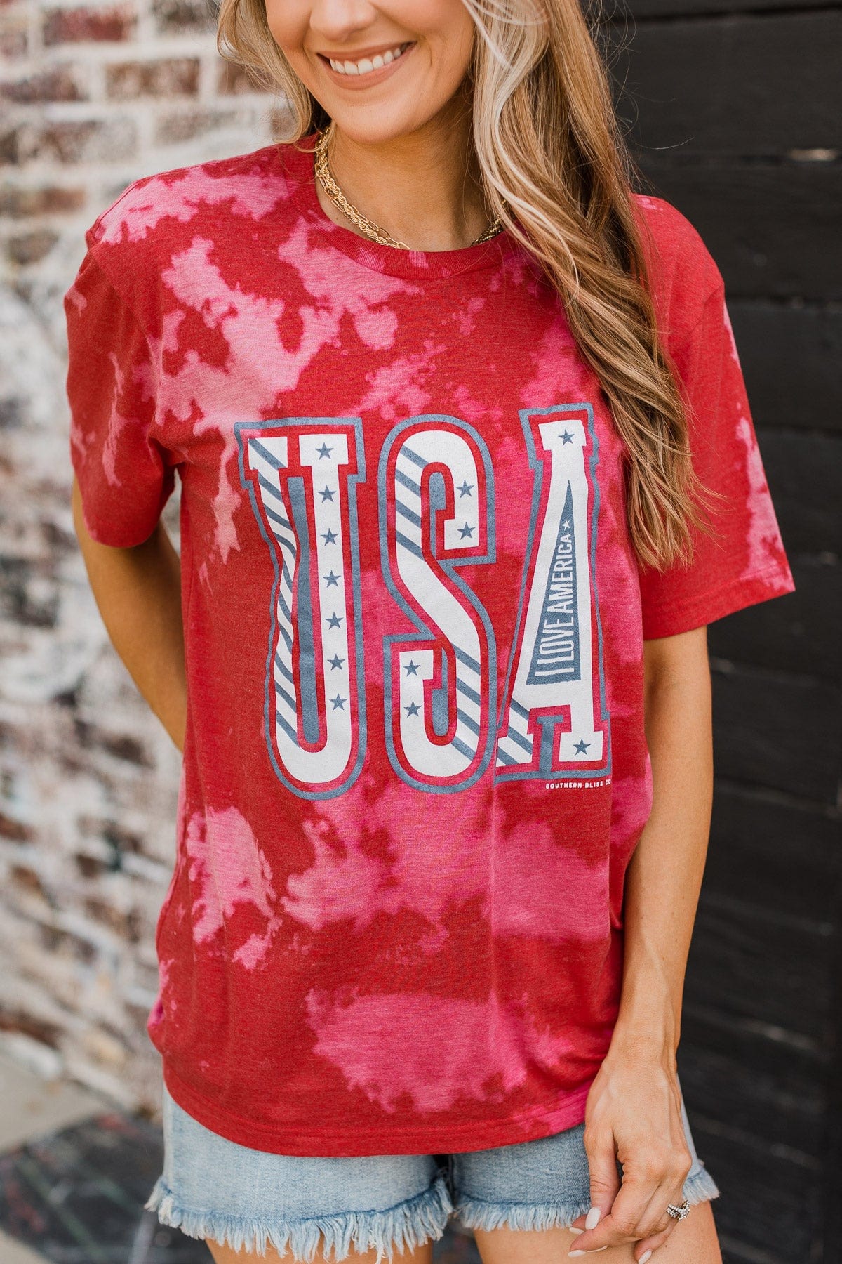"USA" Bleached Graphic Tee- Red