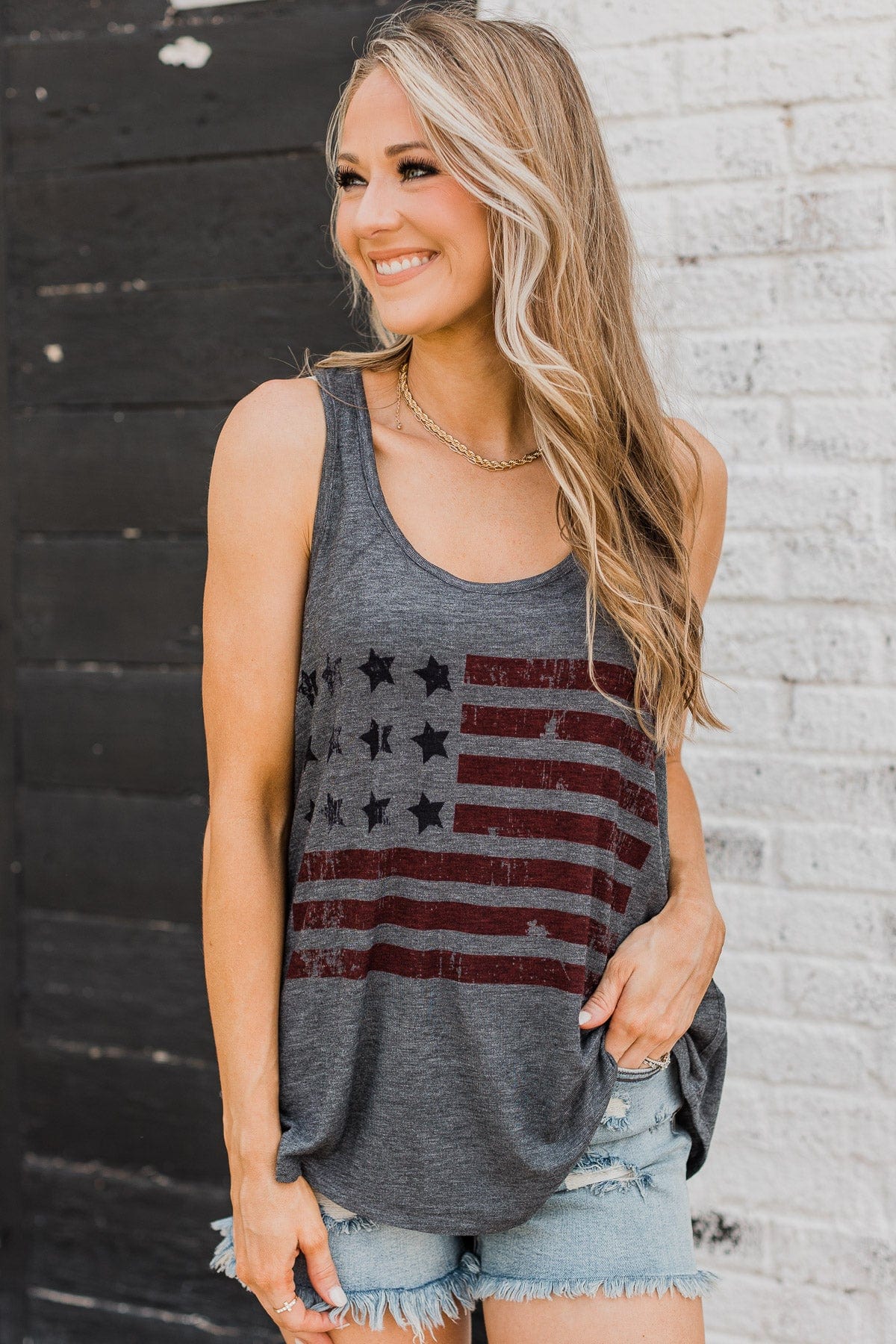 American Dream Graphic Tank Top- Charcoal