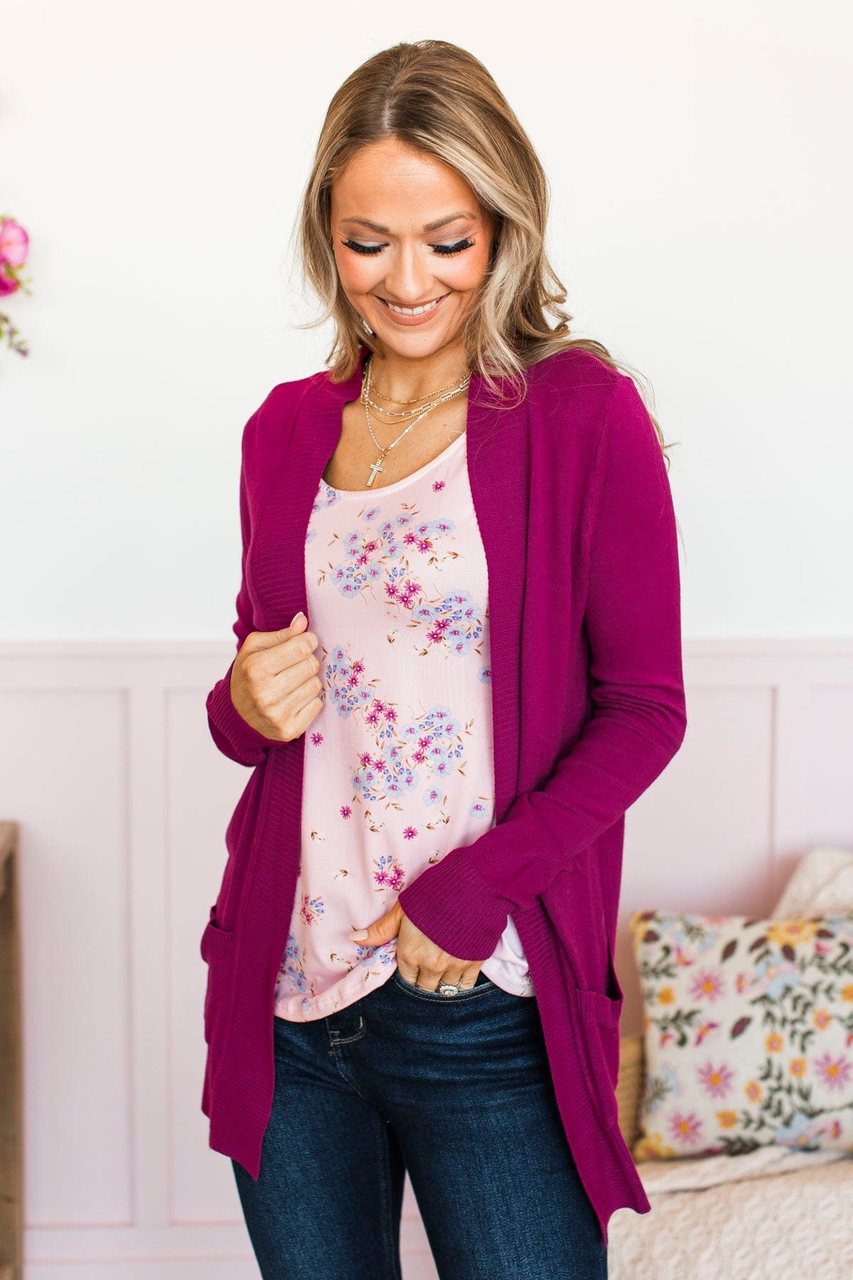 Comfortable With Myself Knit Cardigan Magenta