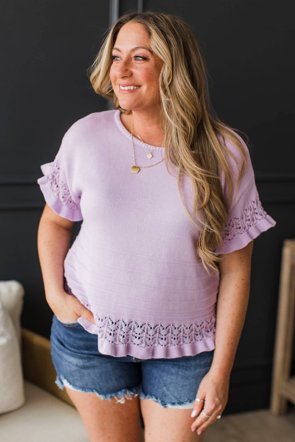 All My Hopes Short Sleeve Crochet Knit Top- Lavender