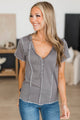 Own It Short Sleeve Button V-Neck Top- Grey