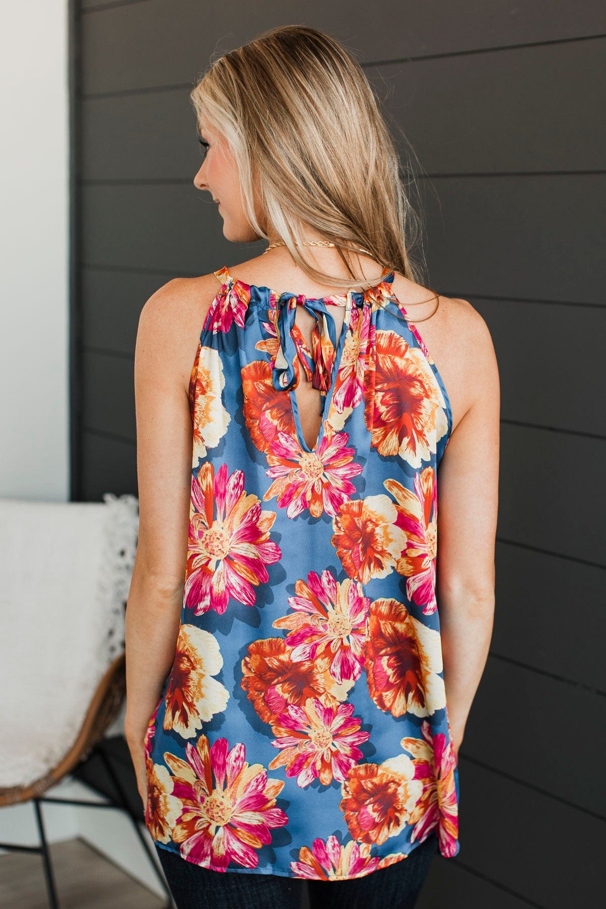 Soaring Above The Clouds Floral Tank Top- Navy