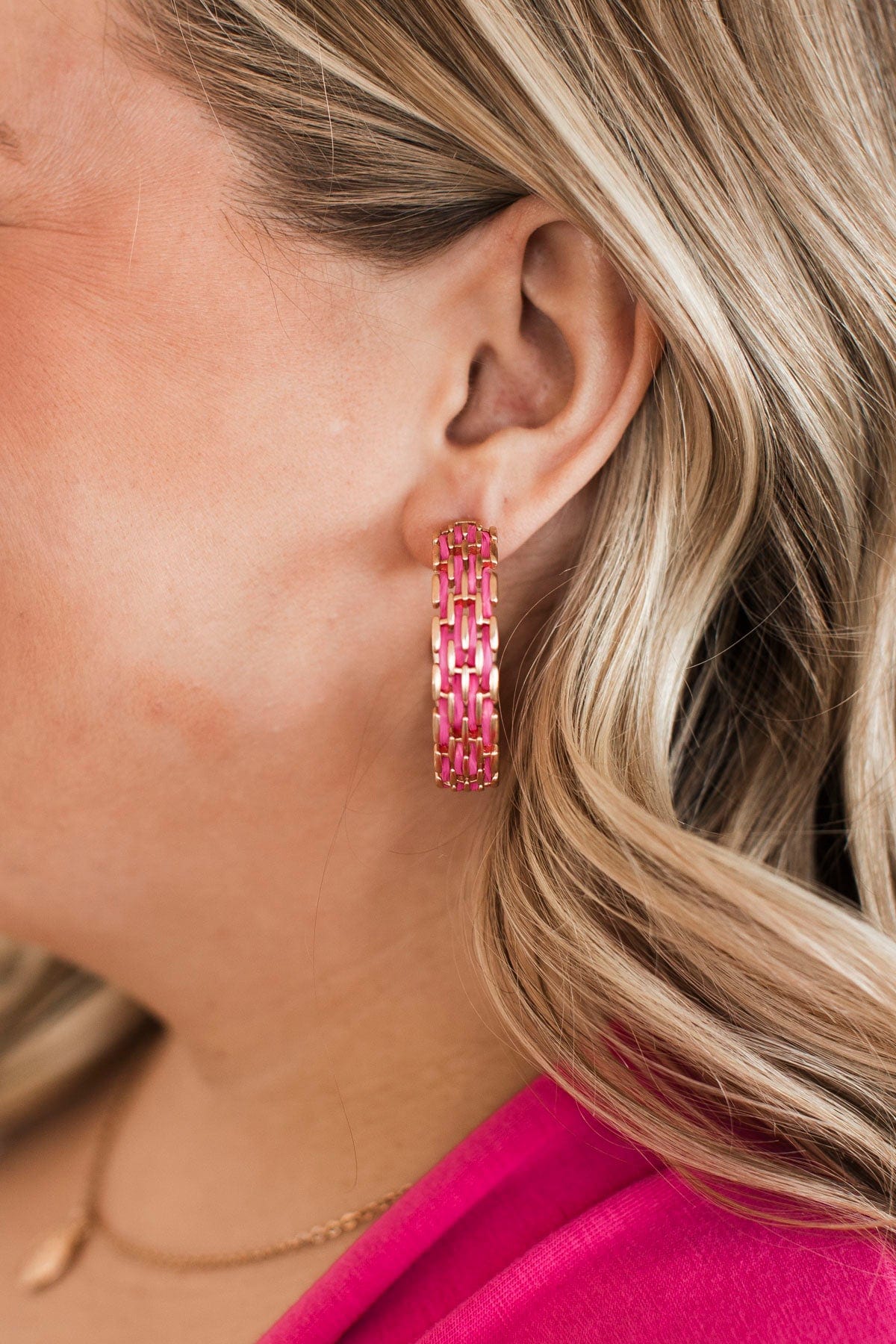 Luxurious Style C-Hoop Earrings- Gold & Hot Pink