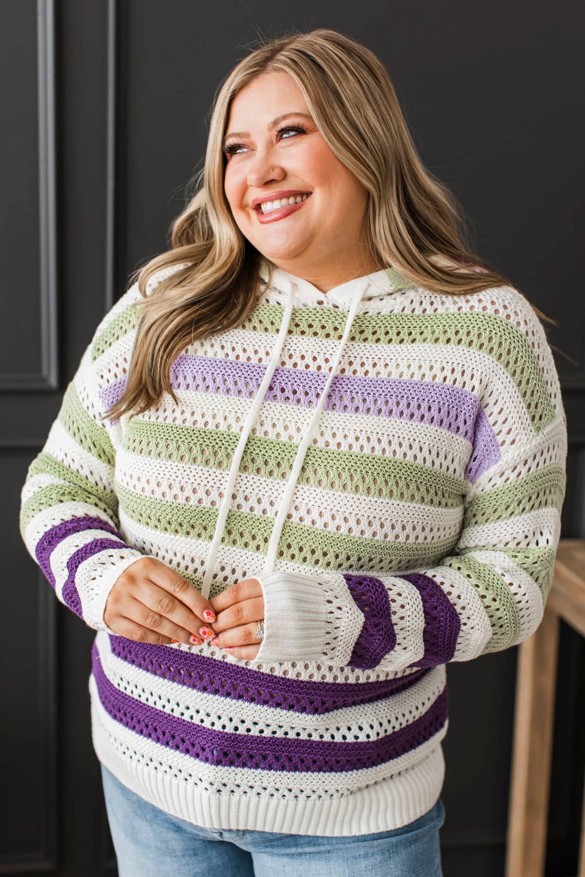 Depending On You Striped Crochet Knit Hoodie- Ivory, Sage, & Lavender