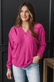 Instant Happiness Ribbed Lightweight Hoodie- Dark Fuchsia