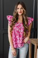 Always With Love Smocked Floral Blouse- White & Fuchsia