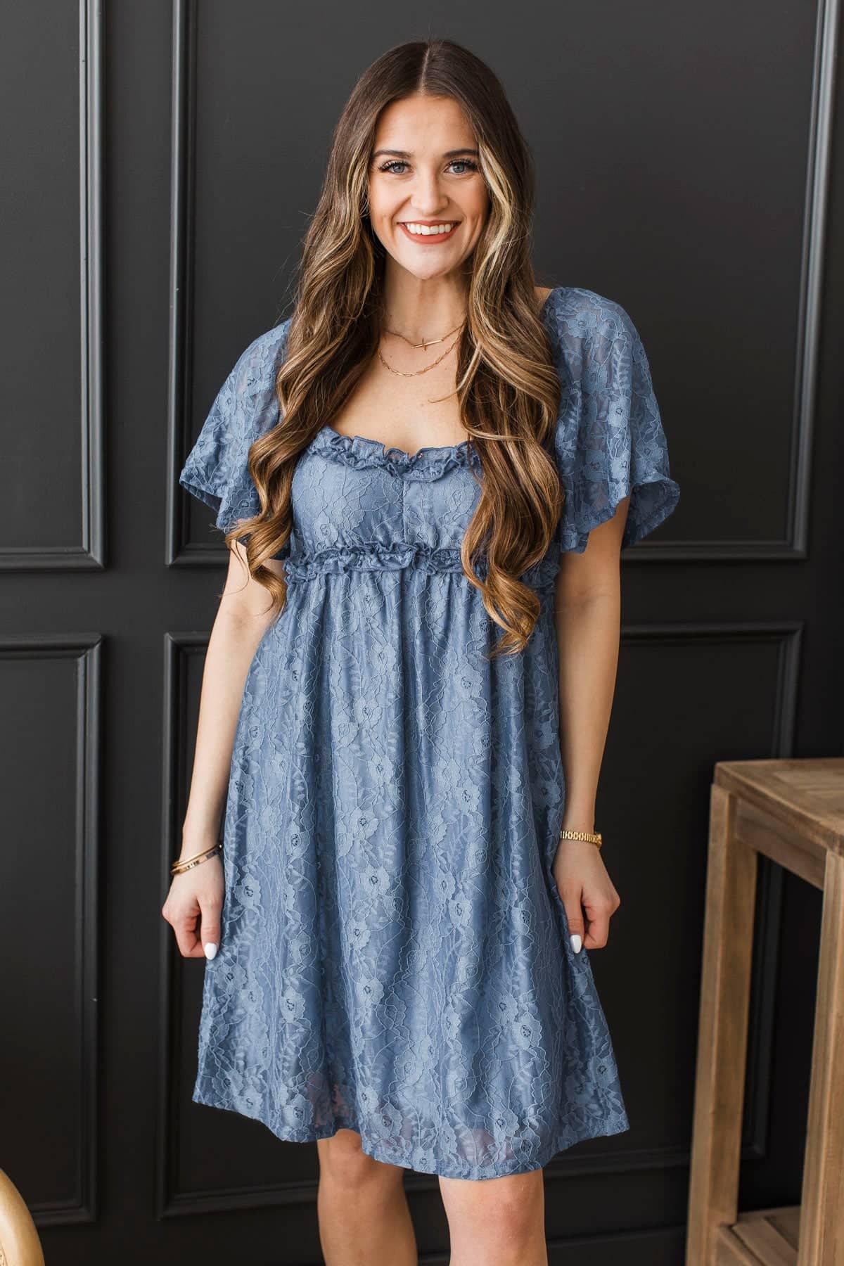 Feeling Special Floral Lace Dress- Dark Slate Blue, S | Dresses | Rhea & Thea