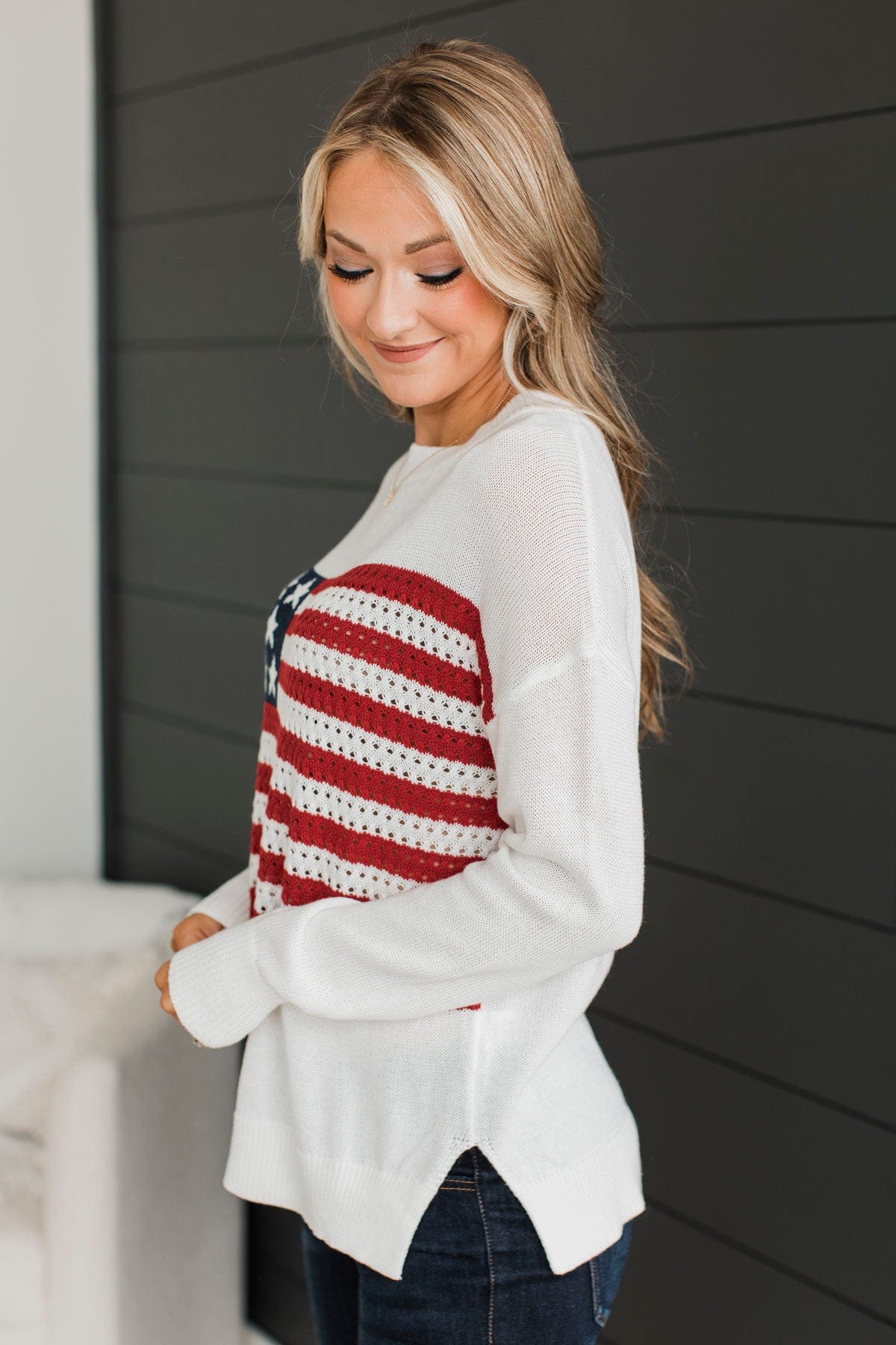 Bryn American Flag Ribbed Knit Sweater- Burgundy main image 0