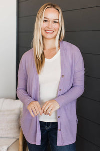 With Reverence Waffle Button Cardigan- Lavender