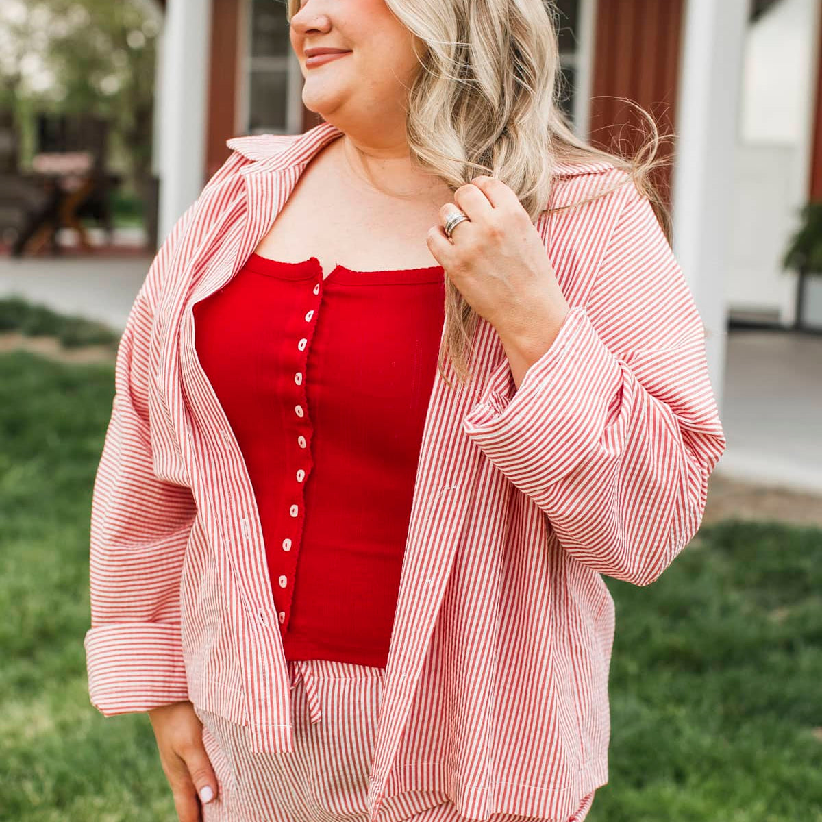 Sparkle In Stripes Long Sleeve Button Up Top- Ivory & Red – The Pulse ...